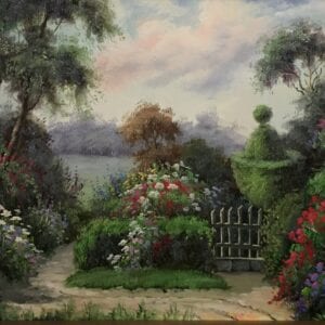 Original Oil on Canvas Garden Scene in Gilt Frame