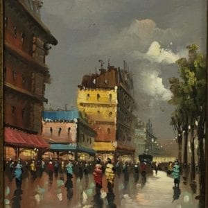 Artist Signed Oil On Canvas City Street Scene