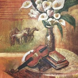Oil On Canvas Still Life Of Flowers & Violin