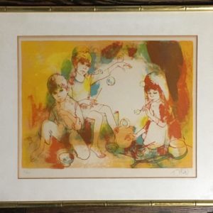 Pencil Signed Valadie Lithograph, Children Blowing Bubbles