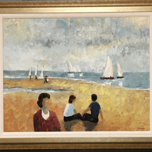 Beach Scene, signed oil, large